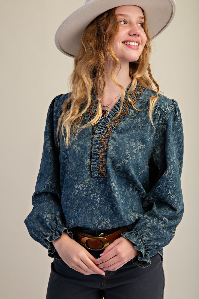 Fable Jacquard Denim Blouse with Floral Print