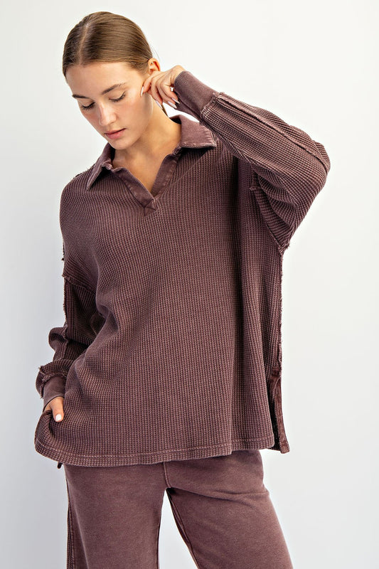 Reece Mineral Washed Waffle Collar Tunic – Oversized Long Sleeve Polo Top