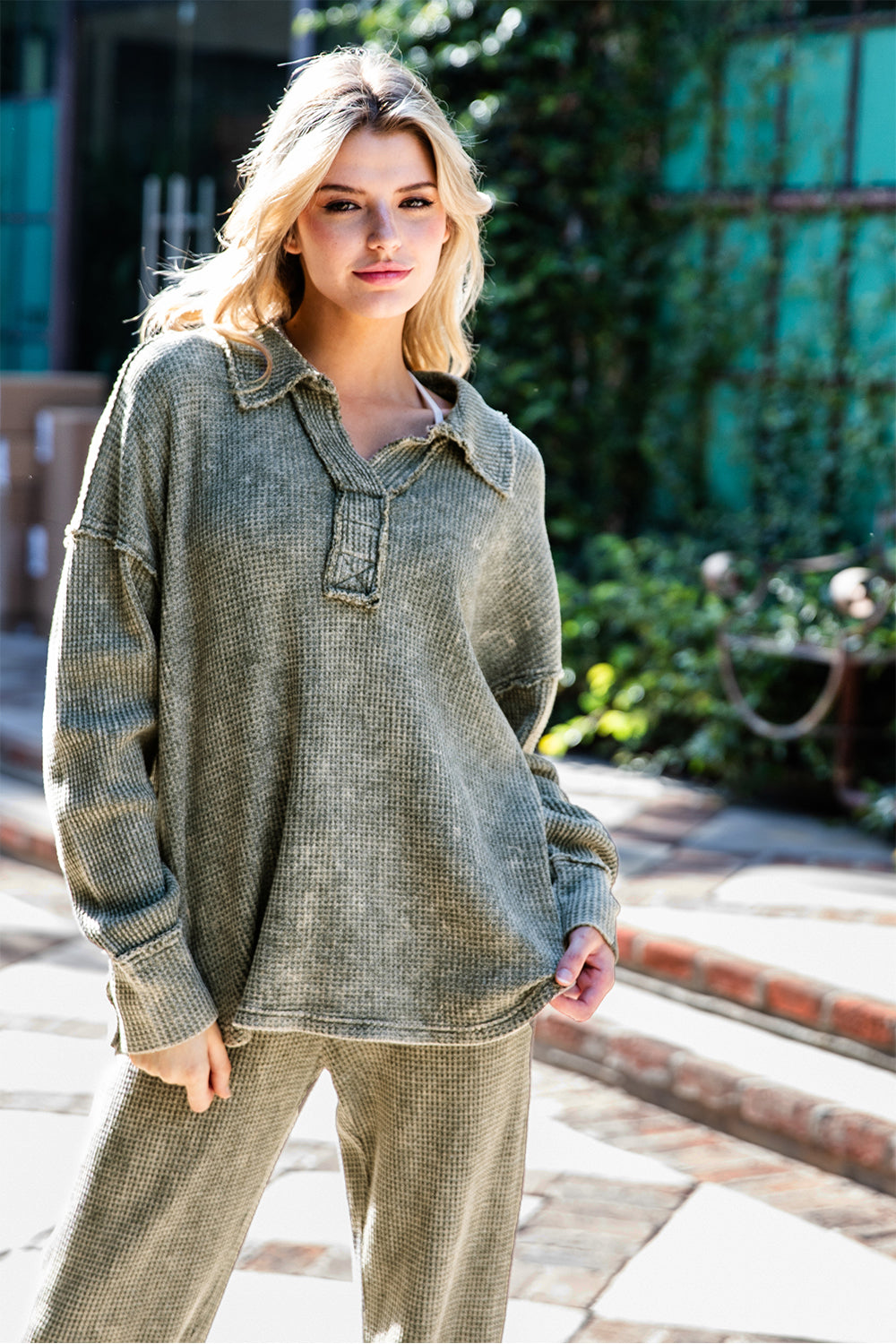 Lookout Mineral Washed Waffle Polo Sweatshirt – Textured Cotton Relaxed Fit