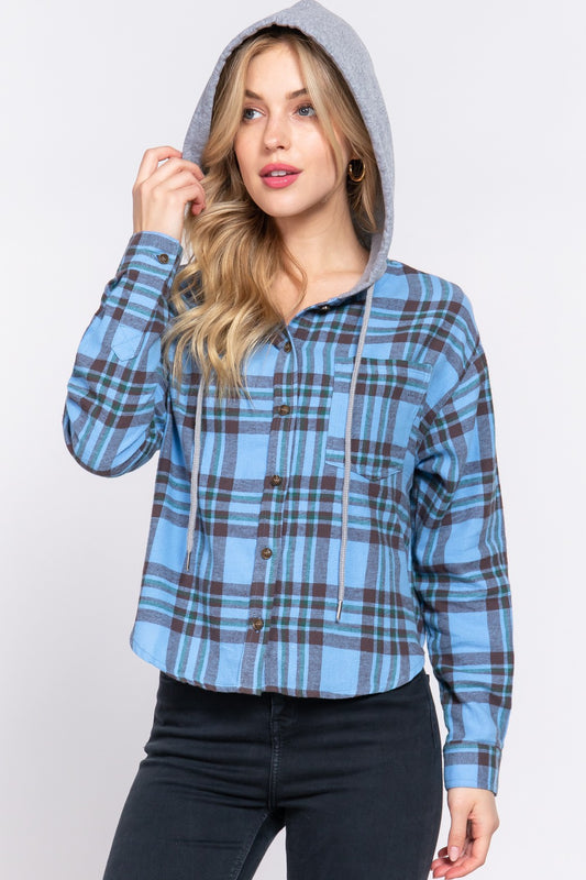 Afton Cropped Hooded Flannel – Plaid Button Down Hoodie