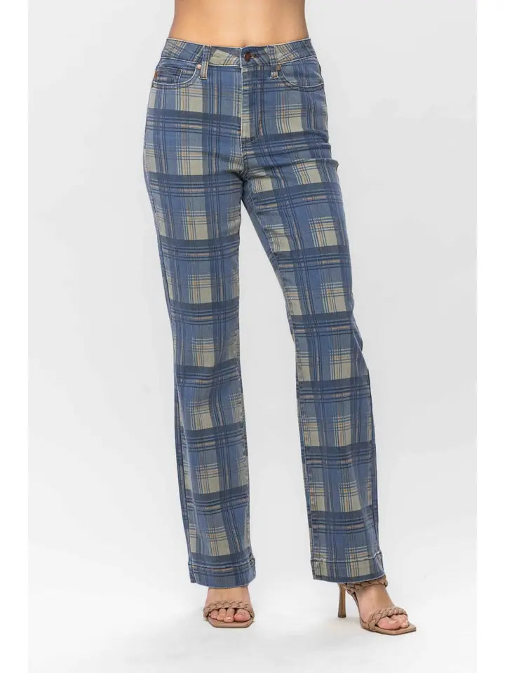 Judy Blue Jester High Waist Plaid Straight Jeans – Vintage Look Denim