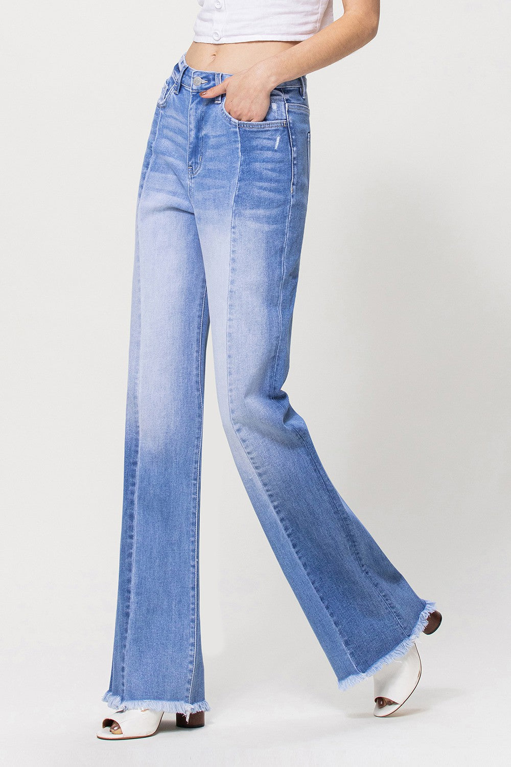 Farrah 90’s Vintage Super High Rise Flare Jeans – Double Panel Distressed