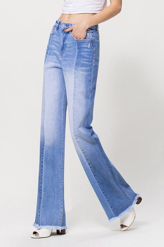 Farrah 90’s Vintage Super High Rise Flare Jeans – Double Panel Distressed