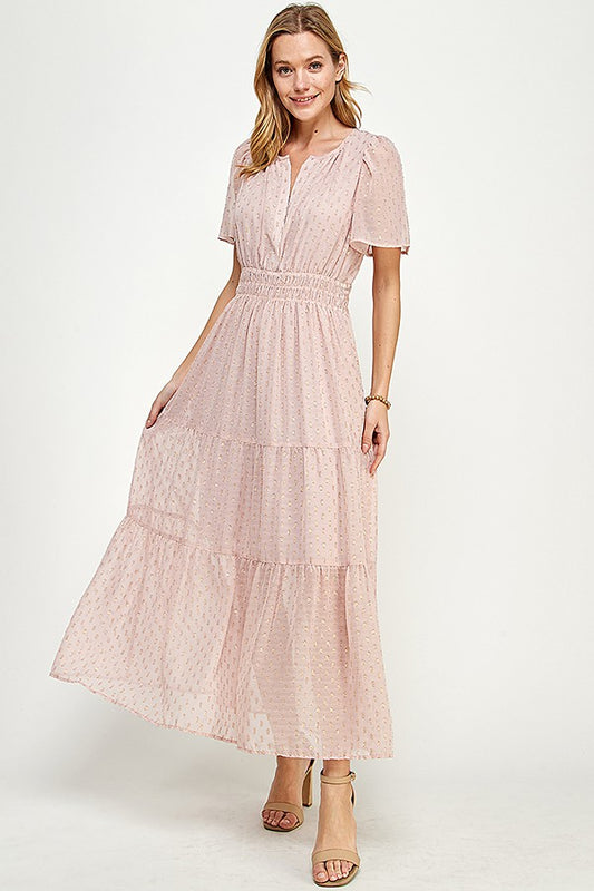 Sasha Blush Metallic Dot Tiered Midi Dress – Feminine Wedding Guest and Brunch Outfit

