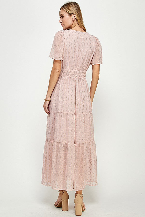 Sasha Blush Metallic Dot Tiered Midi Dress – Feminine Wedding Guest and Brunch Outfit

