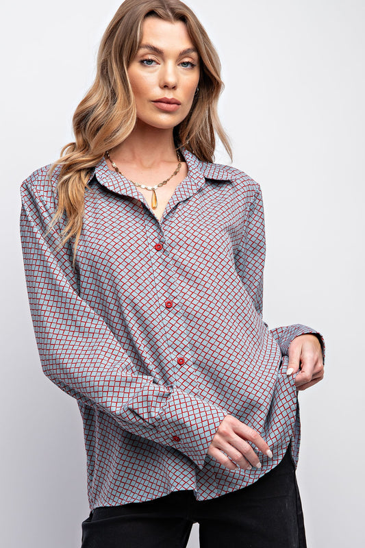 Long Sleeve Printed Crepe Shirt with Collared Neckline