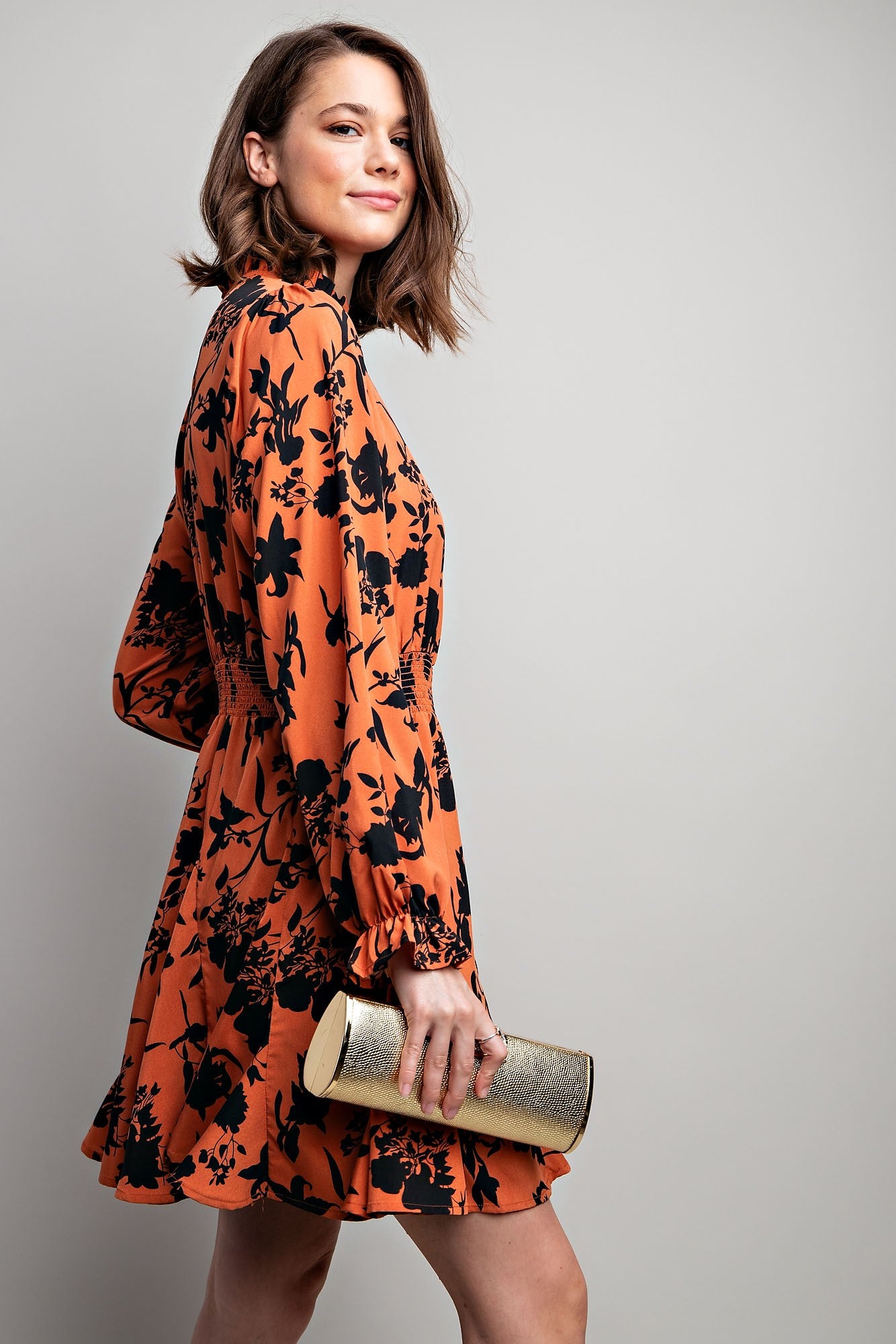 Women’s Smocked Waist Rust Floral Mini Dress