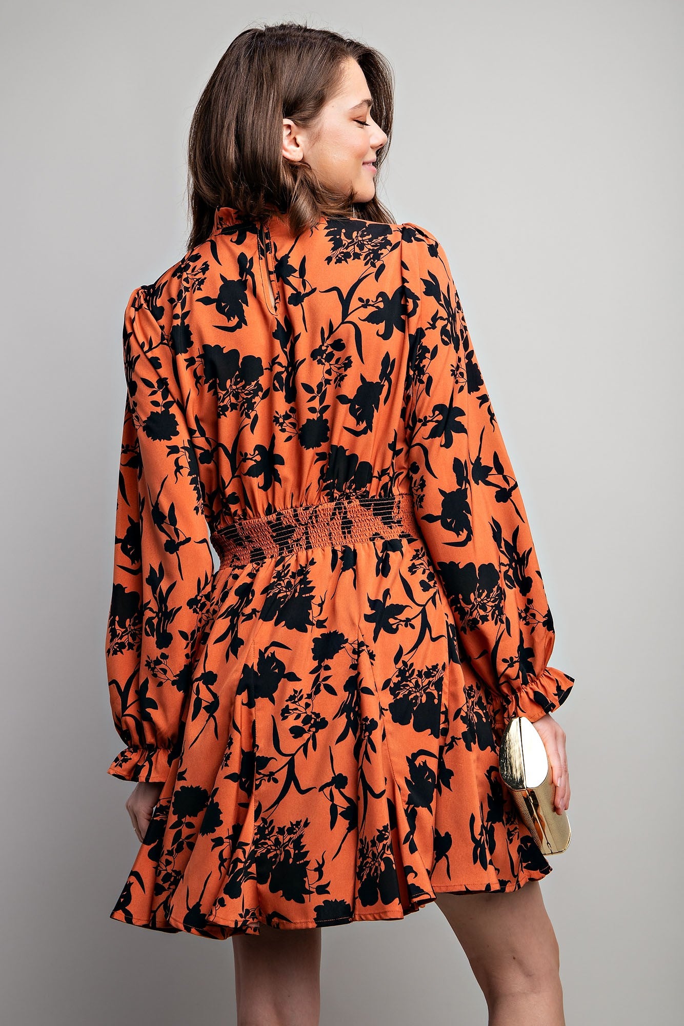 Women’s Smocked Waist Rust Floral Mini Dress