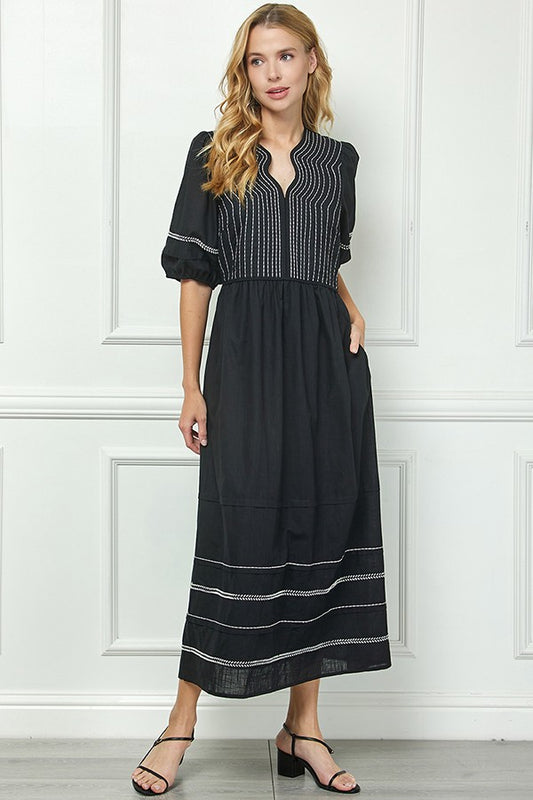 Selena Black Midi Dress with White Trim, 100% Cotton, Fully Lined – Elegant Occasion Wear

