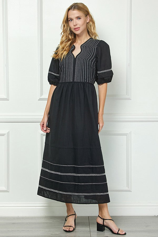 Selena Black Midi Dress with White Trim, 100% Cotton, Fully Lined – Elegant Occasion Wear

