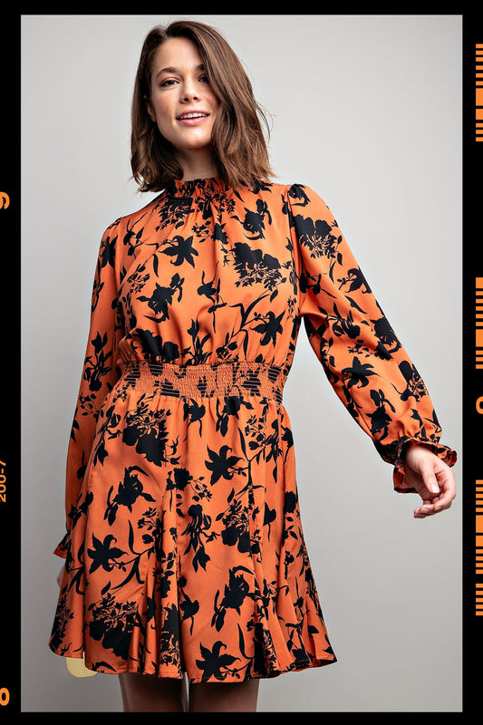 Women’s Smocked Waist Rust Floral Mini Dress