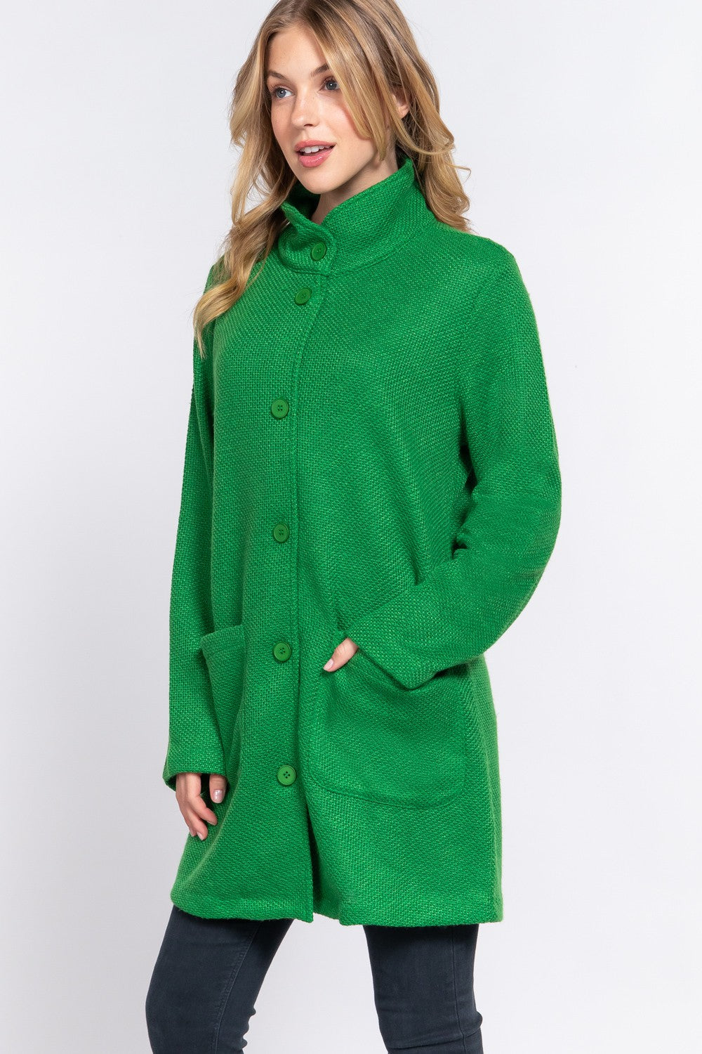 Game Day Green High Neck Button Down Coat