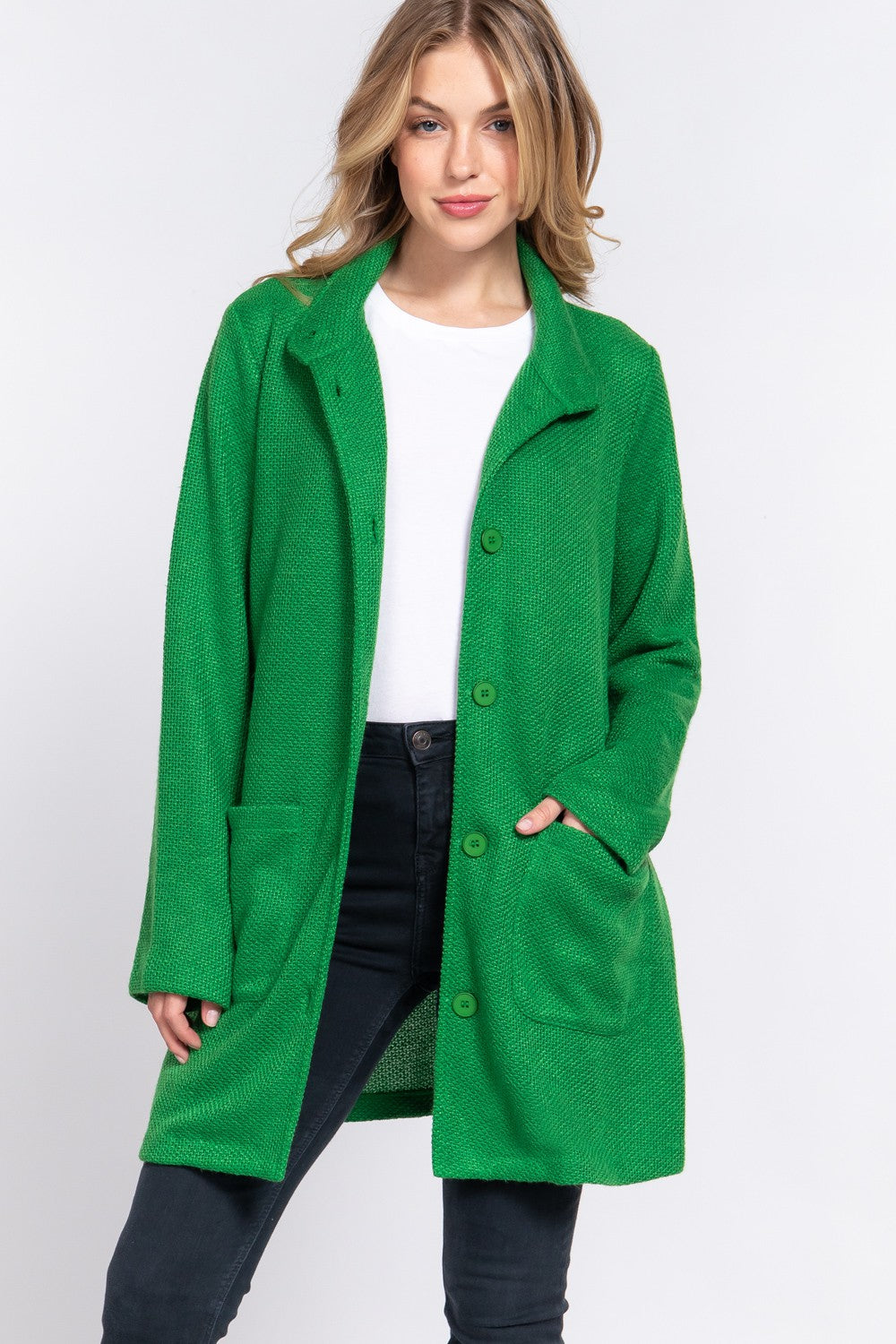 Game Day Green High Neck Button Down Coat