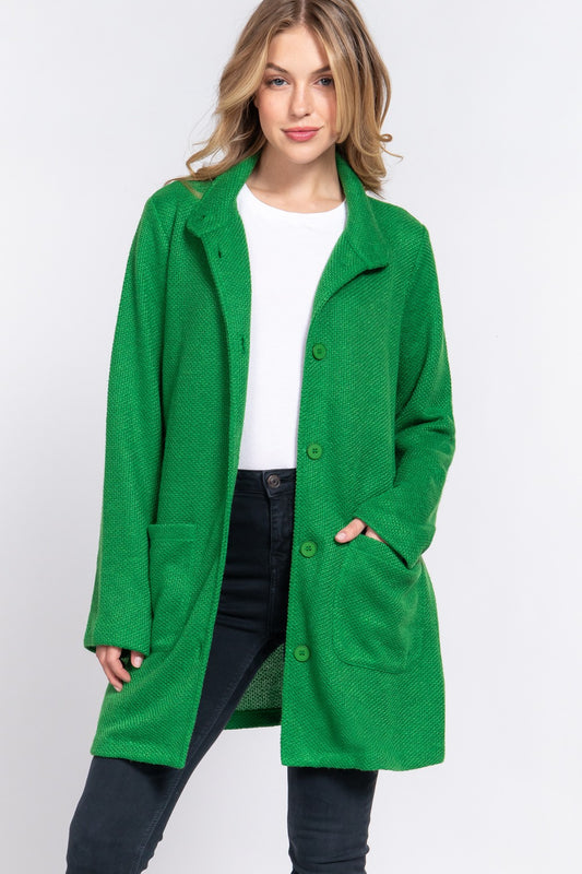 Game Day Green High Neck Button Down Coat