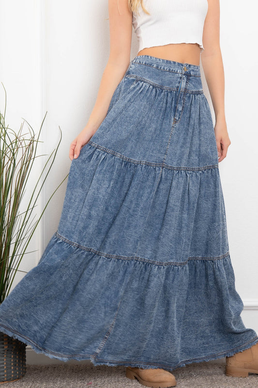 Bodi Denim Tiered Chambray Maxi Skirt