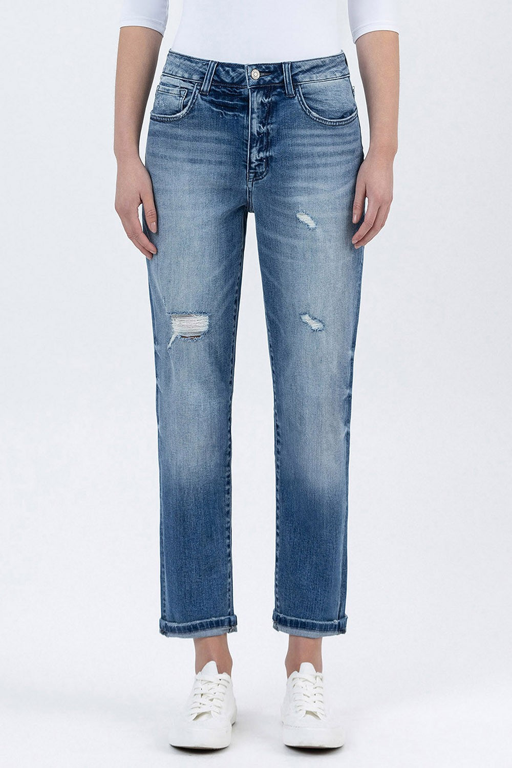 Freida Super High Rise Cuffed Mom Jeans – Distressed Cropped Fit