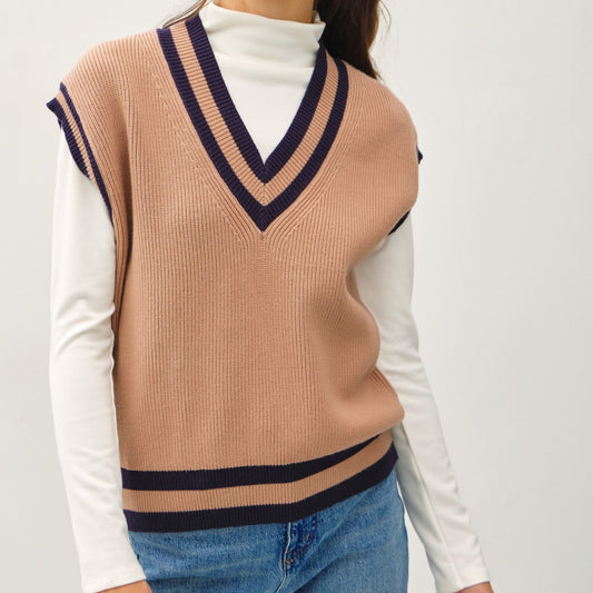 Phoebe Varsity V-Neck Sweater Vest – Chunky Knit Boxy Fit