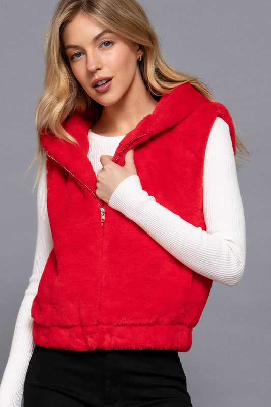 Amanda Faux Fur Hoodie Vest – Cozy Red Layering Piece