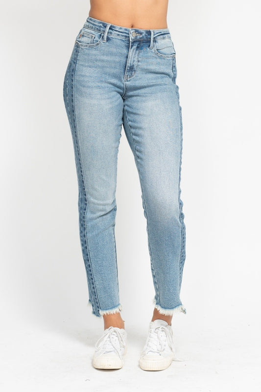 Judy Blue Jenny Vintage Wash Side Panel Slim Jeans with Fray Hem