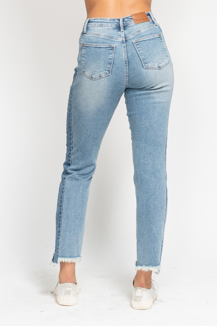 Judy Blue Jenny Vintage Wash Side Panel Slim Jeans with Fray Hem
