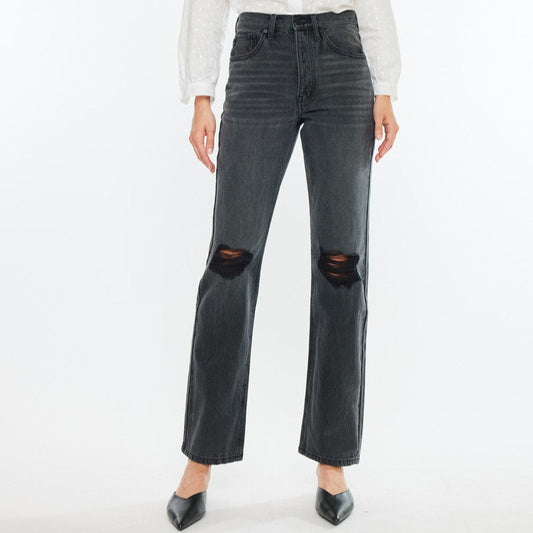 Kassie Ultra High Rise 90s Black Wash Distressed Jeans by KanCan with hidden button fly


