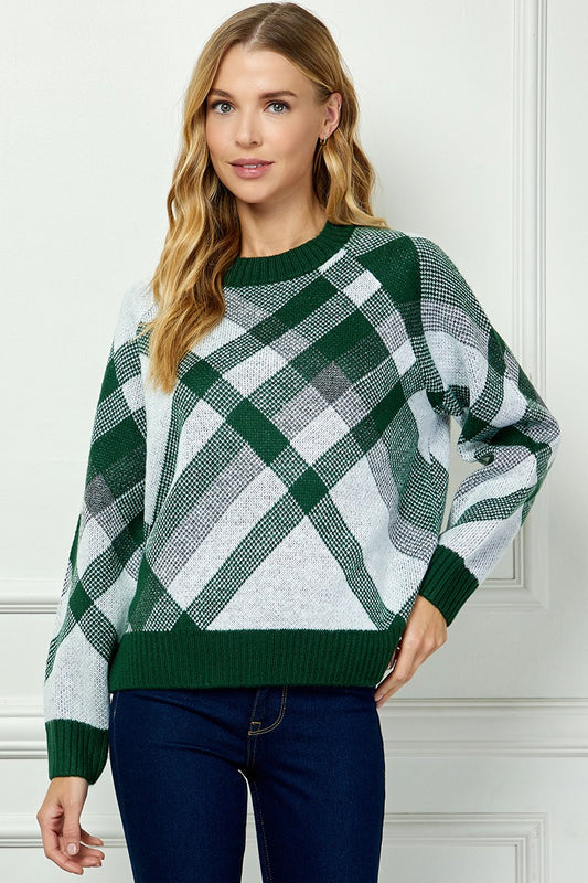 Salma Long Sleeve Jacquard Sweater Top – Green Patterned Knit