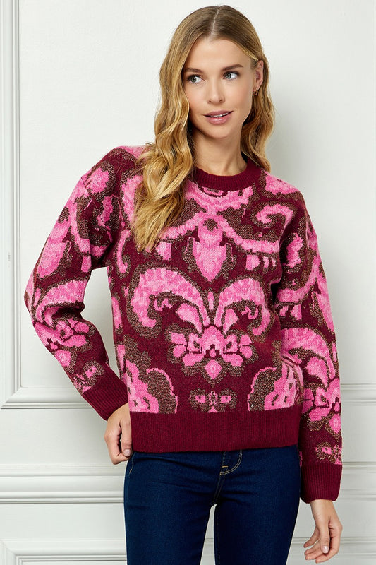Shayla Jacquard Sweater – Burgundy & Pink Knit