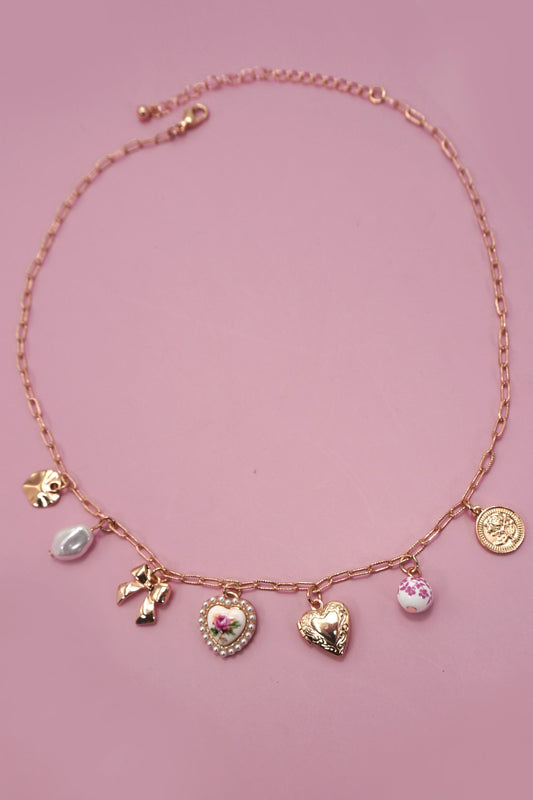 Jenae Ceramic Porcelain Bow & Heart Charm Necklace