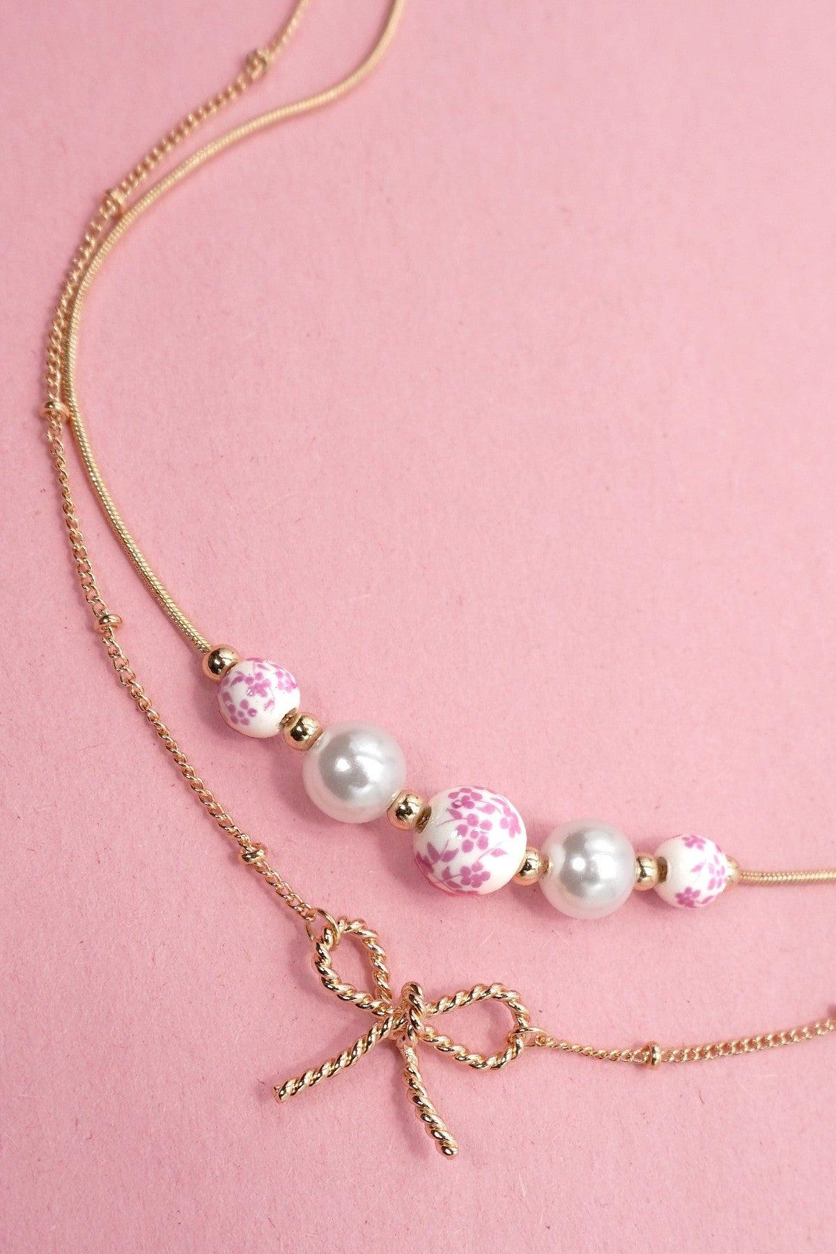 Jemma Pink Ceramic Porcelain Pearl Bow Layer Necklace