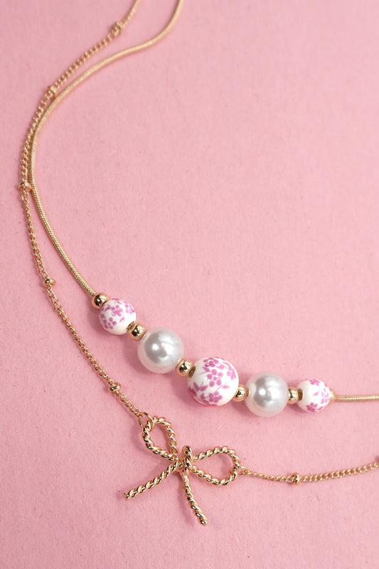 Jemma Pink Ceramic Porcelain Pearl Bow Layer Necklace