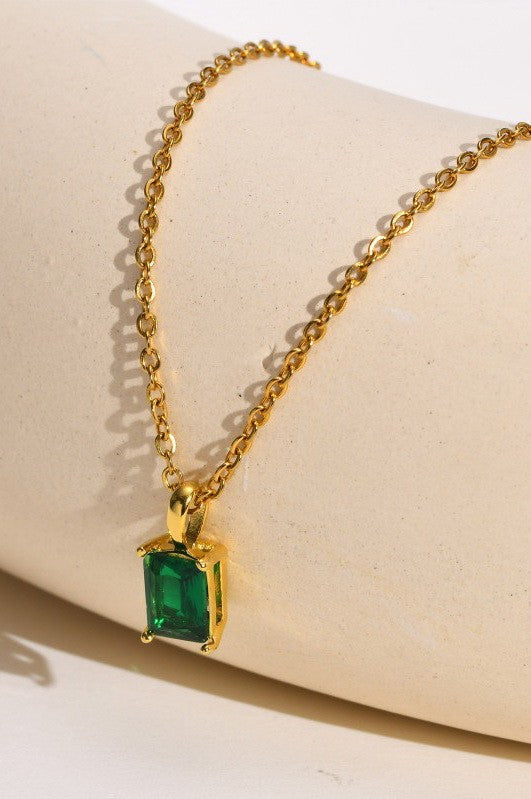 Emerald 18K Gold Stainless Steel Glass Pendant Necklace