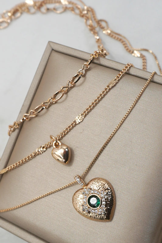 Jolie Multi-Layer Gemstone Heart Pendant Necklace Set – Gold
