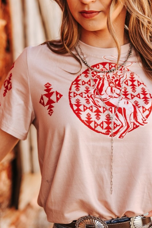 Lynsey Soft Pink Aztec Print Short Sleeve Top | Western Rodeo Graphic Tee