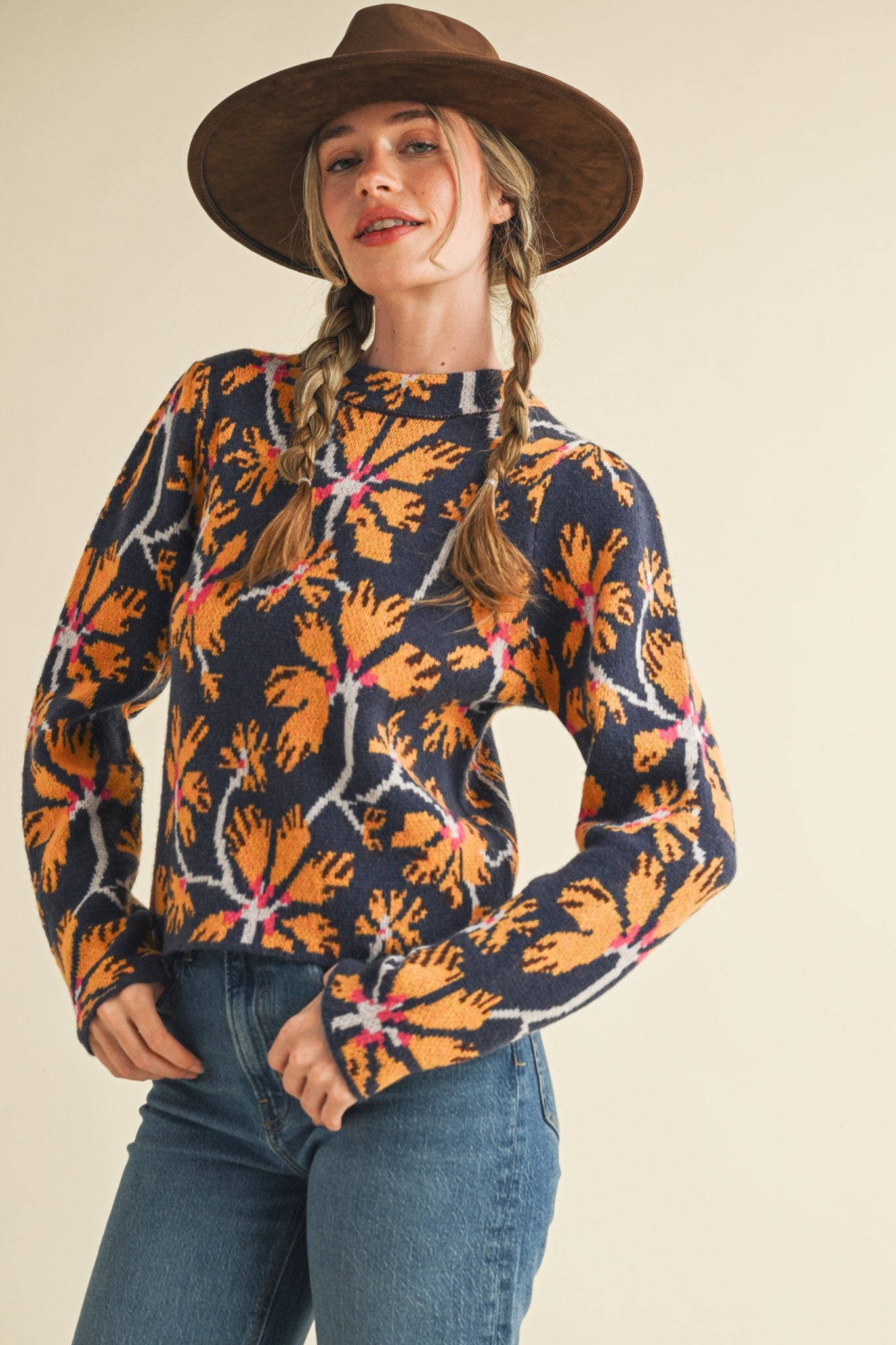 Henny Floral Mock Neck Sweater | Feminine Knit Pullover Top