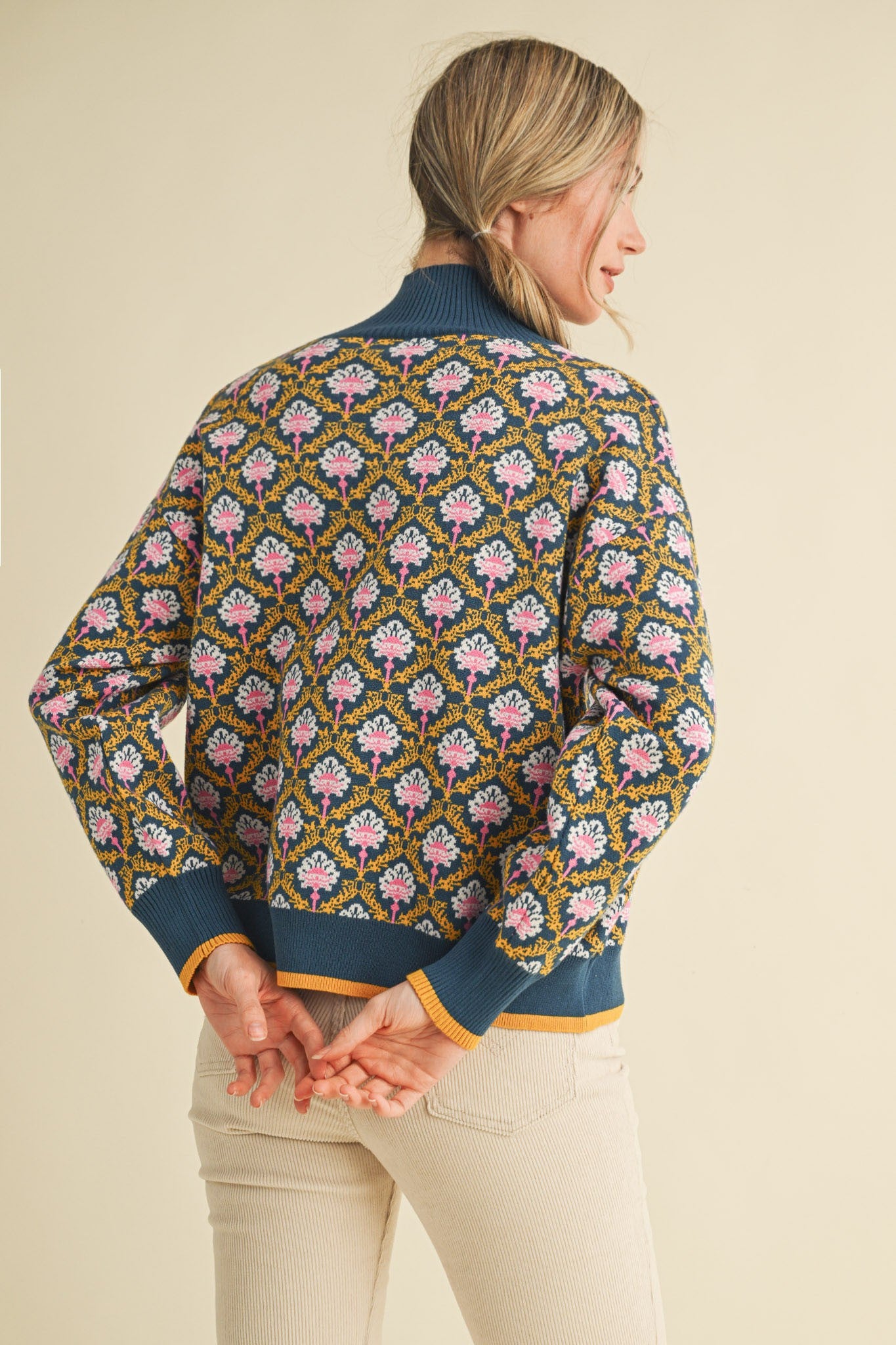 Hazelle Floral Knit Mock Neck Half Zip Pullover Sweater | Vintage Inspired