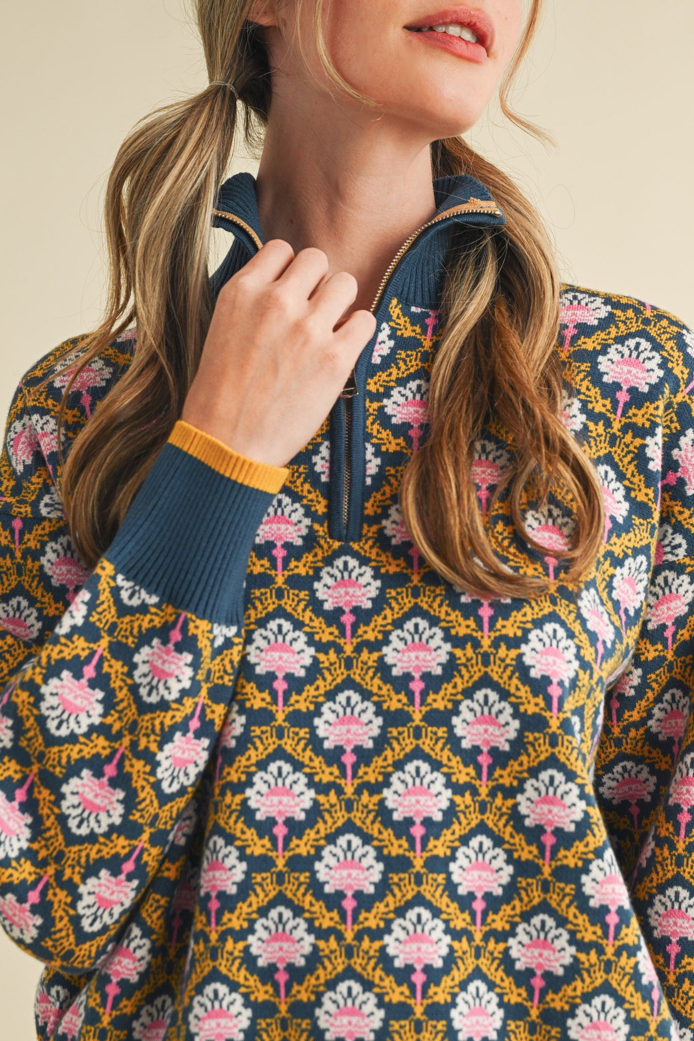 Hazelle Floral Knit Mock Neck Half Zip Pullover Sweater | Vintage Inspired