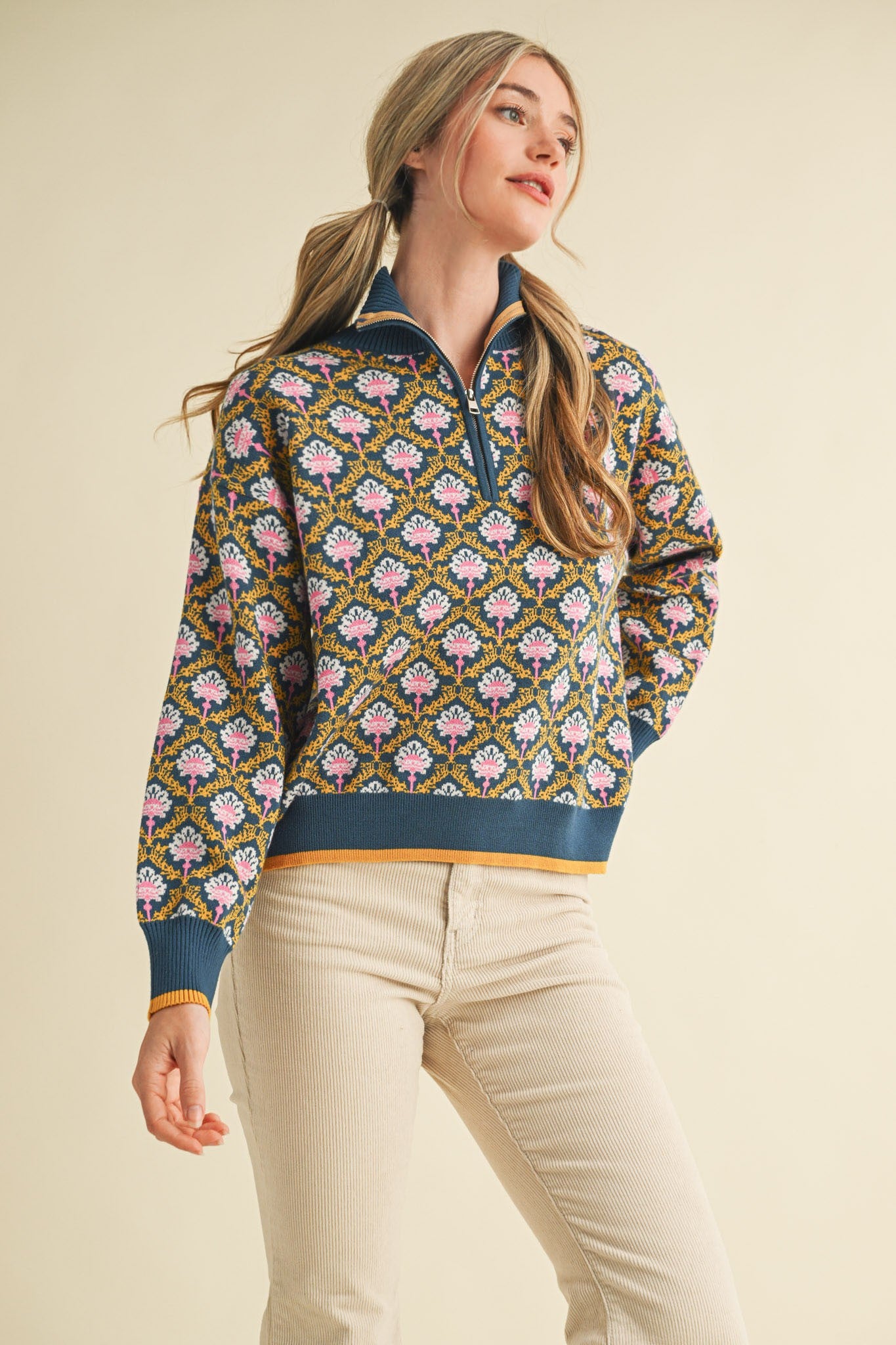 Hazelle Floral Knit Mock Neck Half Zip Pullover Sweater | Vintage Inspired