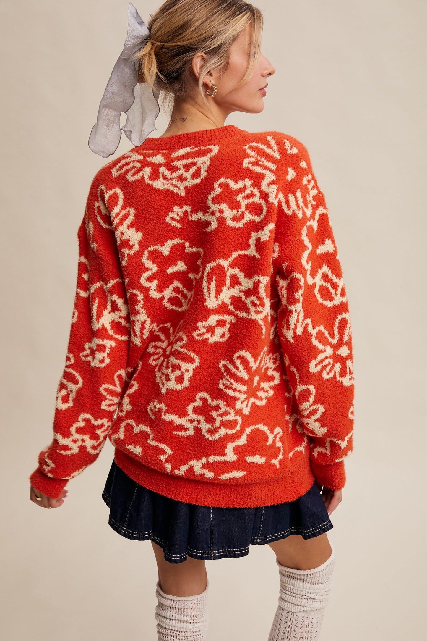 Perfect Orange Boucle Floral Knit Sweater – Cozy Statement Layer