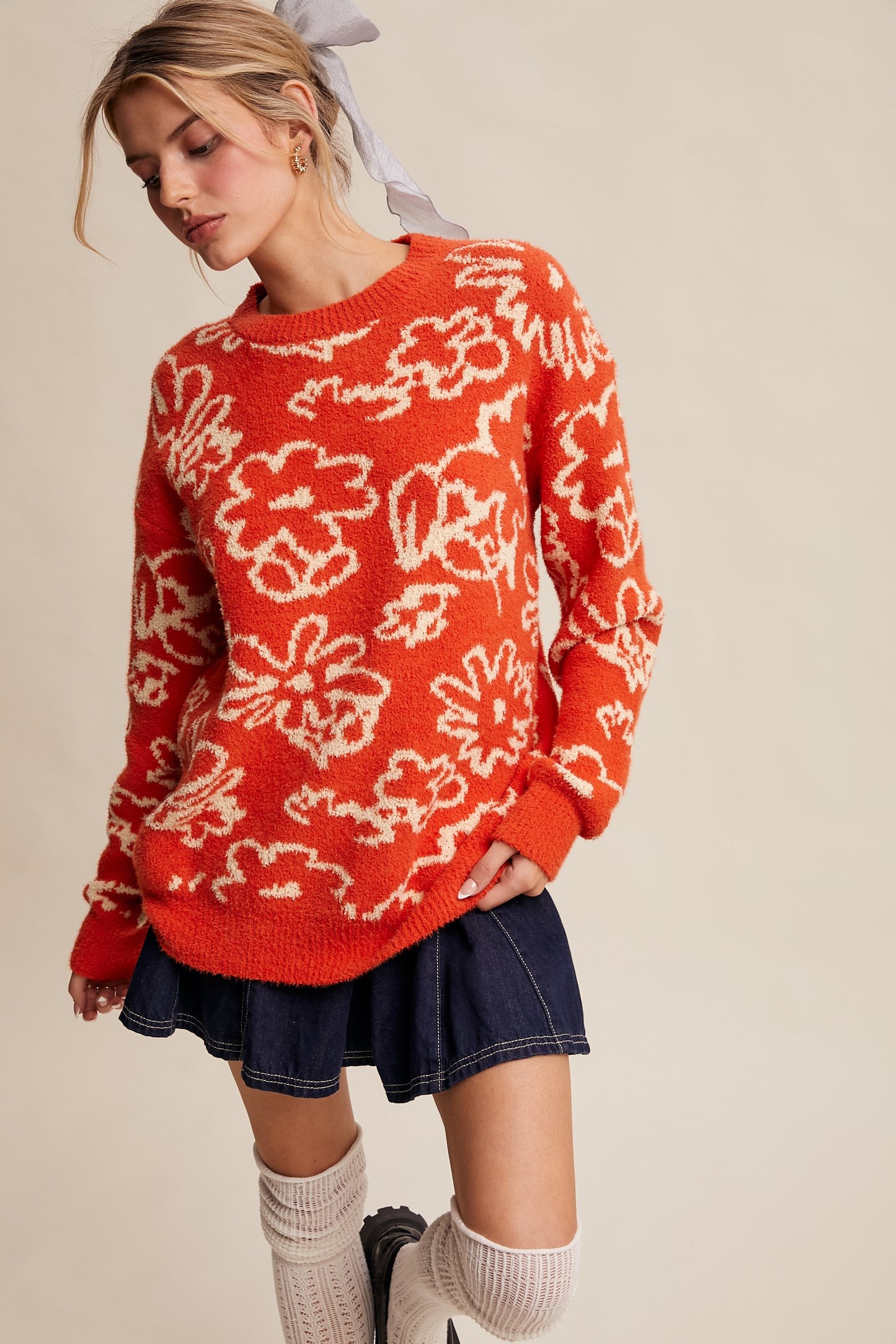 Perfect Orange Boucle Floral Knit Sweater – Cozy Statement Layer
