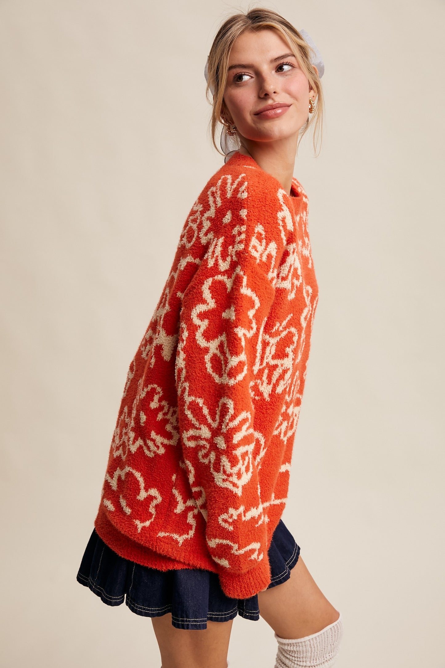 Perfect Orange Boucle Floral Knit Sweater – Cozy Statement Layer