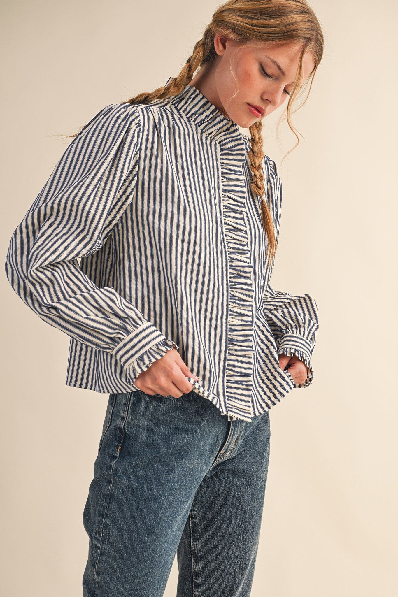 Halle Striped Ruffled Button Down Blouse | Long Sleeve Feminine Top