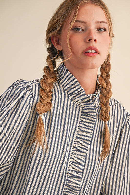 Halle Striped Ruffled Button Down Blouse | Long Sleeve Feminine Top