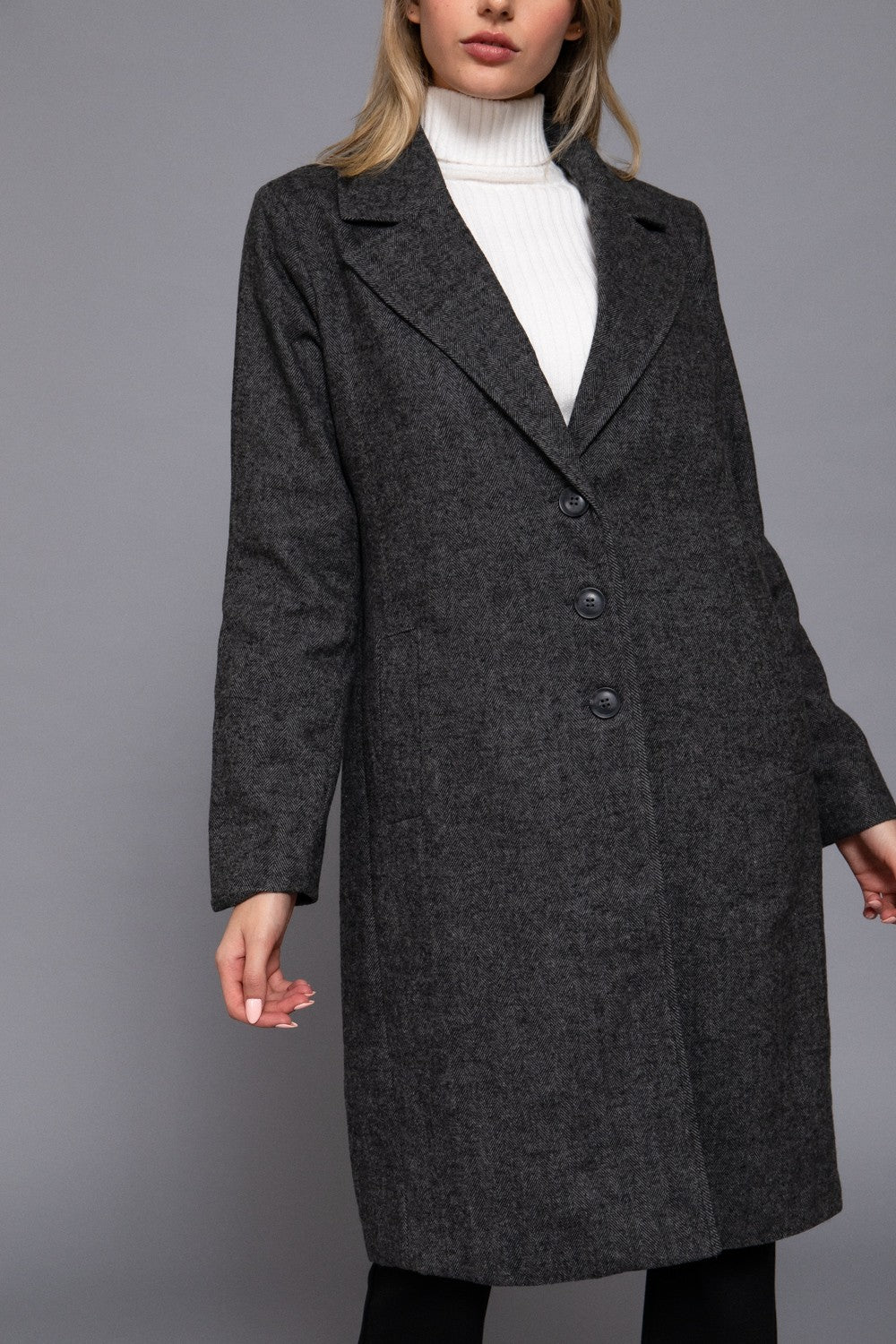Royce Herringbone Single Breasted Long Coat – Heathered Grey
