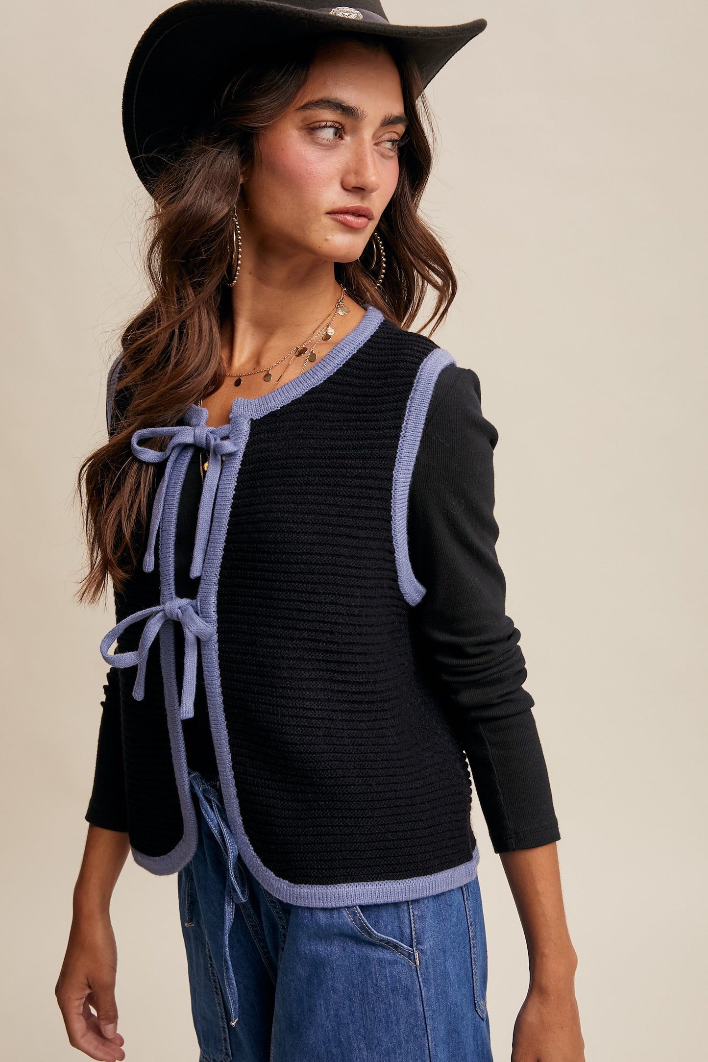 Kelsea Two-Tone Tie Front Knit Vest – Western Inspired Layering Piece