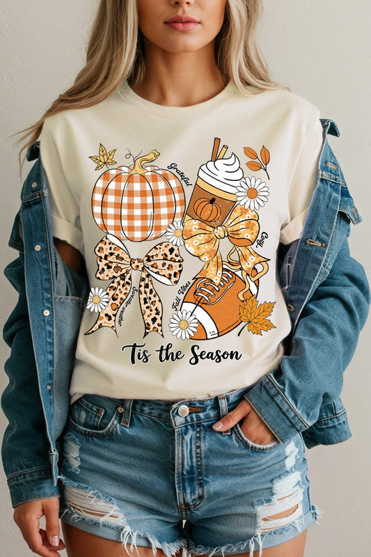 'Tis the Season Fall Vibes Graphic Tee – Pumpkin, Latte & Football Shirt