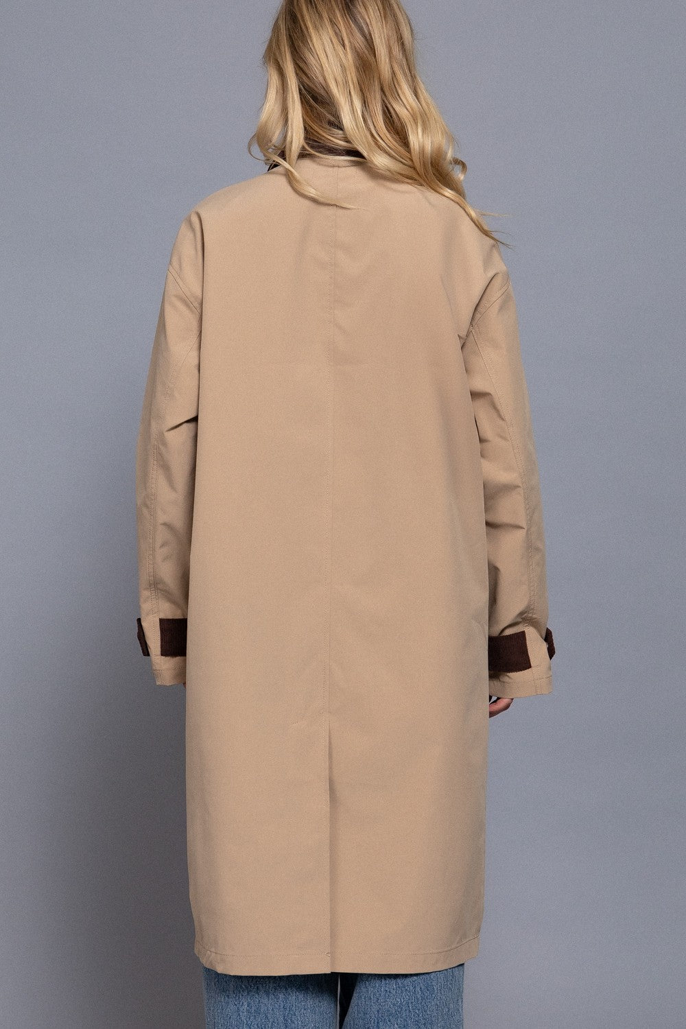 Canyon Contrast Collar Snap Button Long Trench Coat – Khaki