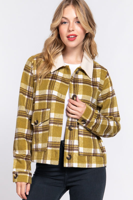 Amy Plaid Shacket with Faux Fur Collar – Olive & Brown Fall Layering Piece