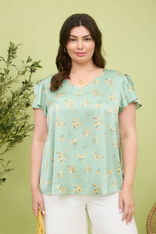 Kym Plus Floral Print Mint Satin Top