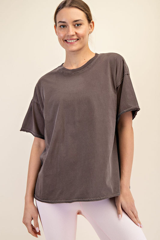 Model wearing Ryker Washed Cotton Tee in Mocha – oversized boxy short sleeve t-shirt

