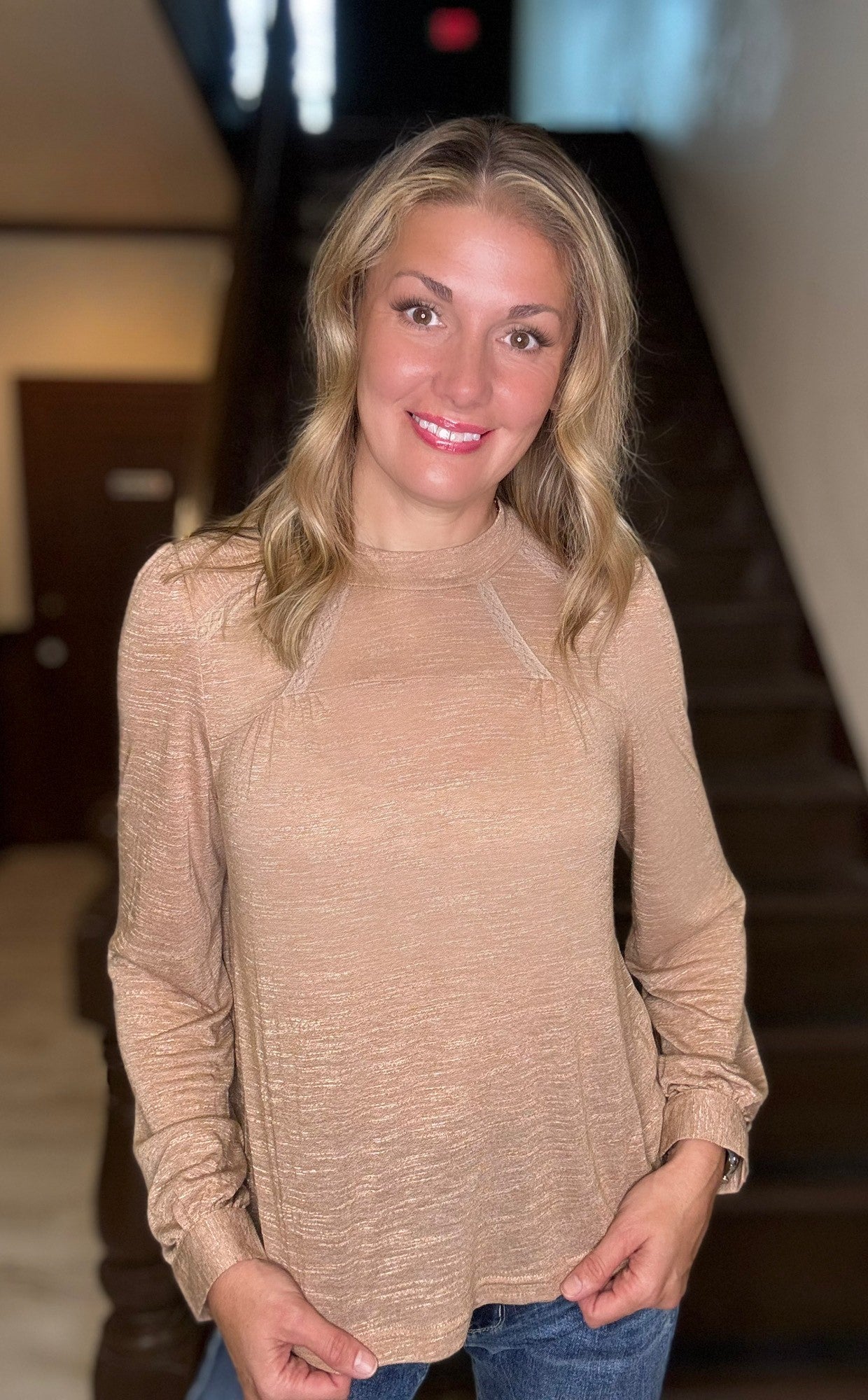 Libby lace trim long sleeve top with textured detail in neutral tone

